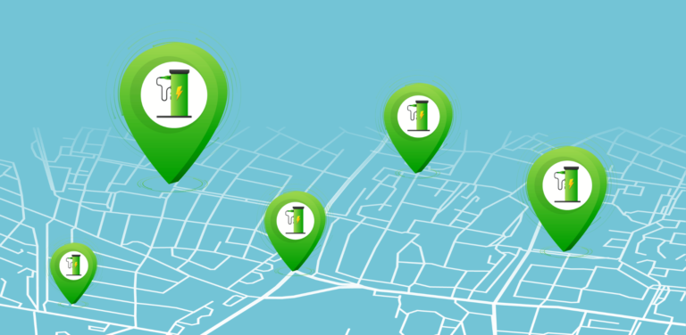 an illustrated grid pinpointing a network of EV charging stations